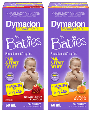 Packshot of Dymadon Paracetamol for Babies 1month to 2 years 60ml in Orange and Strawberry Flavours