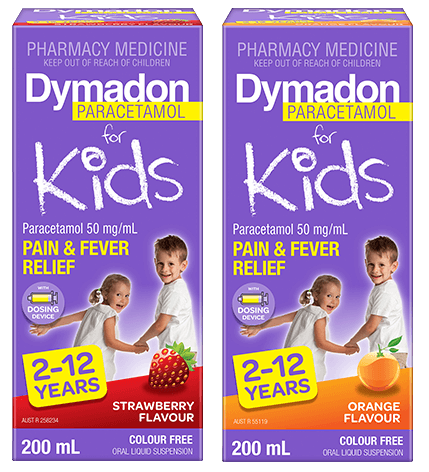 Packshot of Dymadon Paracetamol for Kids 2-12years 200ml in Orange and Strawberry Flavours